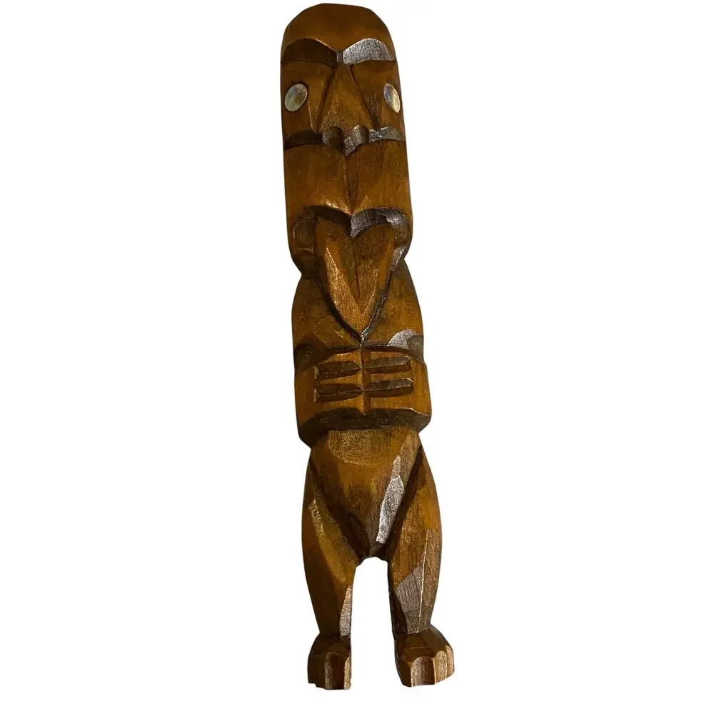 Vintage Maori Wood Carved Tiki Figure New Zealand Abalone Shell Eyes 8
